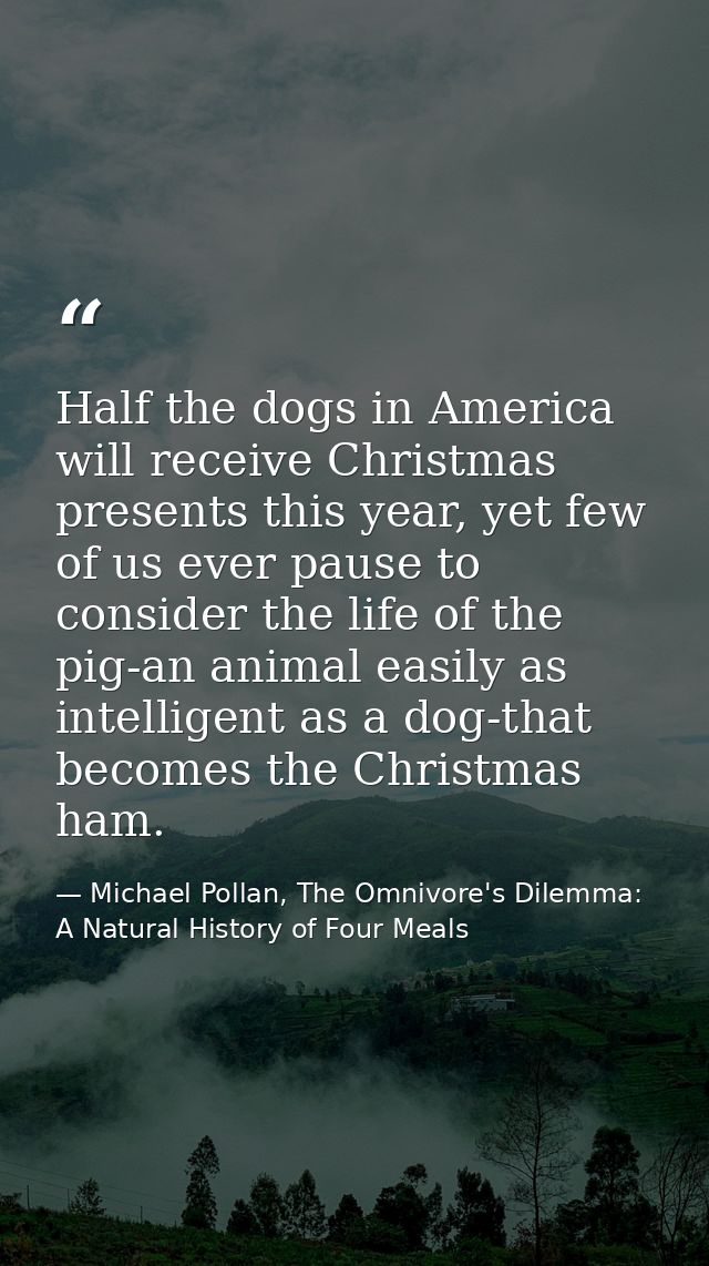 Half the dogs in America will receive Christmas presents this year, yet few of us ever pause to consider the life of the — Michael Pollan, The Omnivore's Dilemma: A Natural History of Four Meals