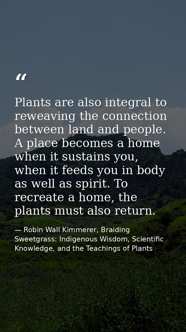 Plants are also integral to reweaving the connection between land and people. A place becomes a home when it sustains yo — Robin Wall Kimmerer, Braiding Sweetgrass: Indigenous Wisdom, Scientific Knowledge, and the Teachings of Plants