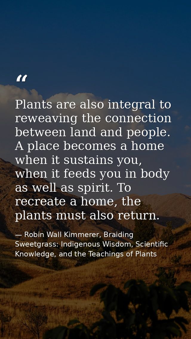 Plants are also integral to reweaving the connection between land and people. A place becomes a home when it sustains yo — Robin Wall Kimmerer, Braiding Sweetgrass: Indigenous Wisdom, Scientific Knowledge, and the Teachings of Plants