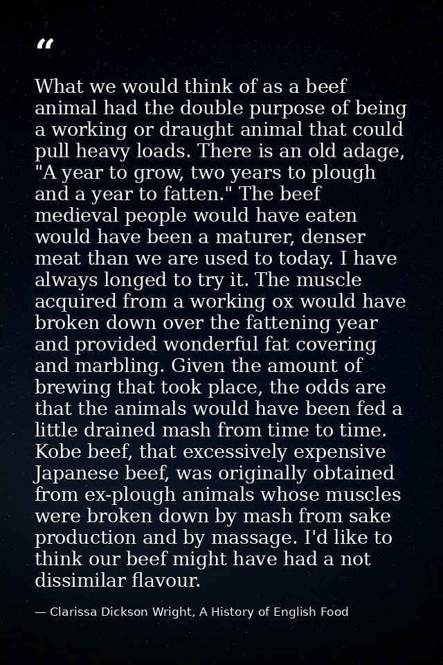 What we would think of as a beef animal had the double purpose of being a working or draught animal that could pull heav — Clarissa Dickson Wright, A History of English Food