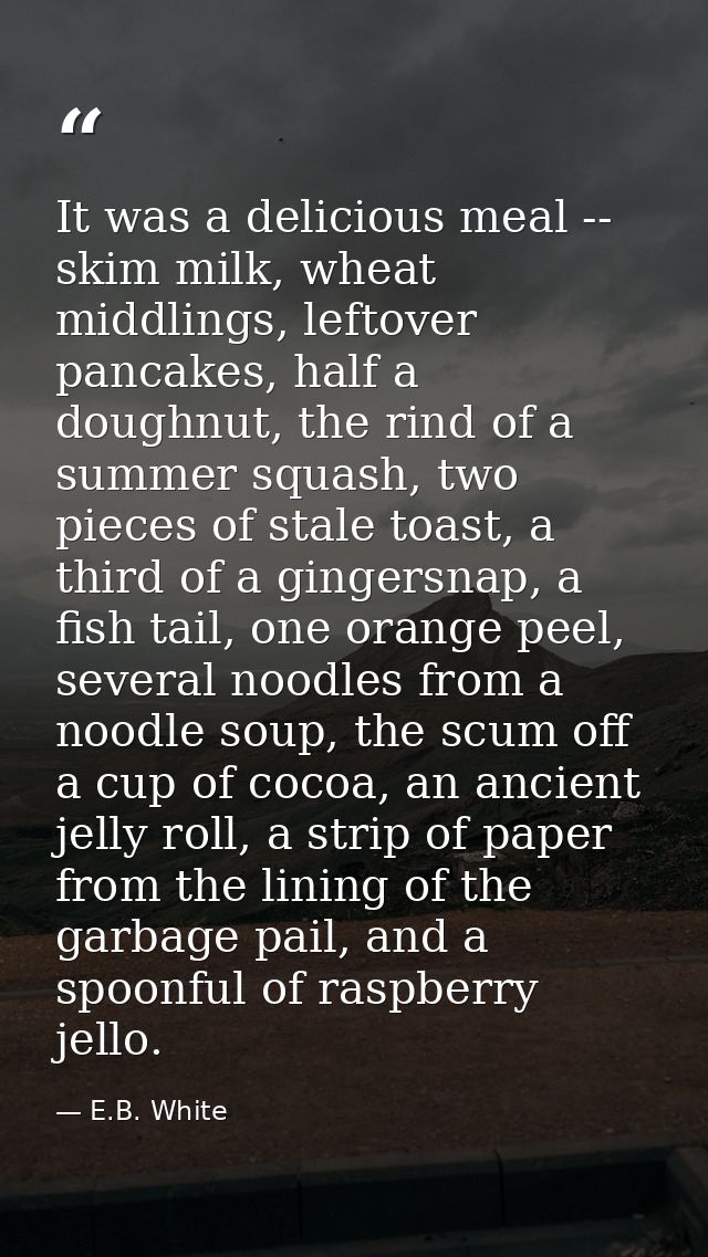 It was a delicious meal -- skim milk, wheat middlings, leftover pancakes, half a doughnut, the rind of a summer squash,  — E.B. White