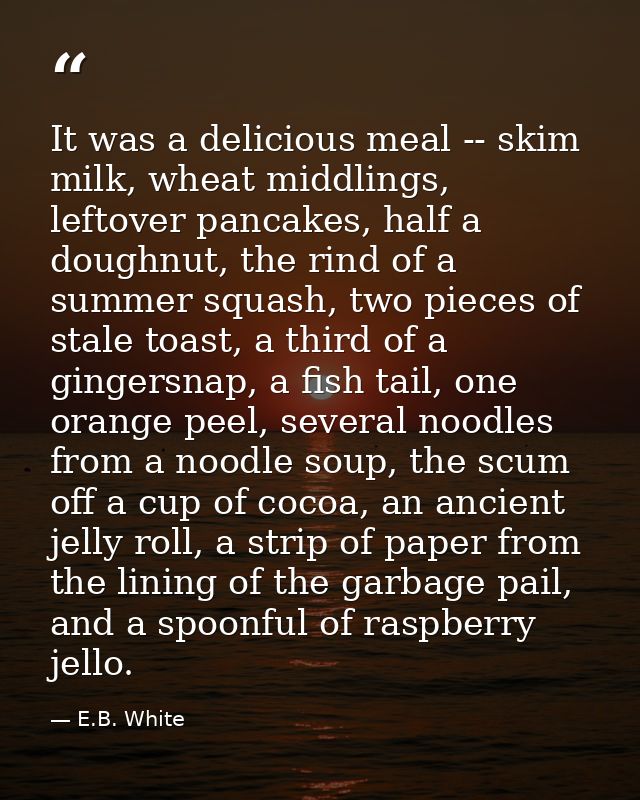 It was a delicious meal -- skim milk, wheat middlings, leftover pancakes, half a doughnut, the rind of a summer squash,  — E.B. White