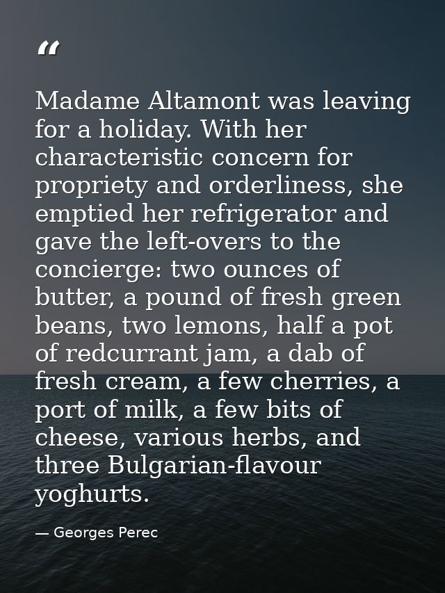 Madame Altamont was leaving for a holiday. With her characteristic concern for propriety and orderliness, she emptied he — Georges Perec