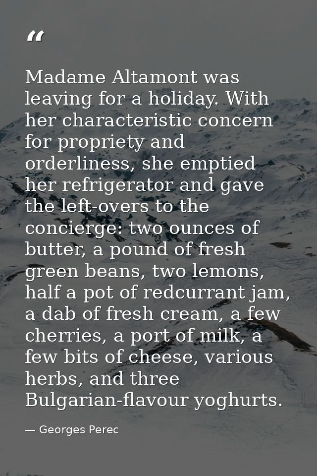 Madame Altamont was leaving for a holiday. With her characteristic concern for propriety and orderliness, she emptied he — Georges Perec