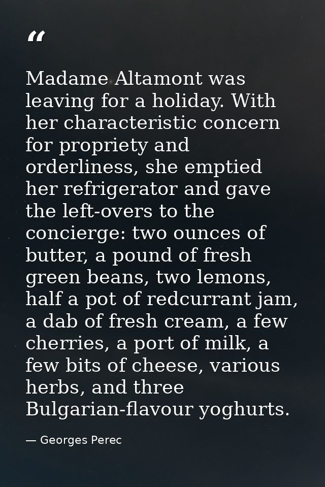 Madame Altamont was leaving for a holiday. With her characteristic concern for propriety and orderliness, she emptied he — Georges Perec