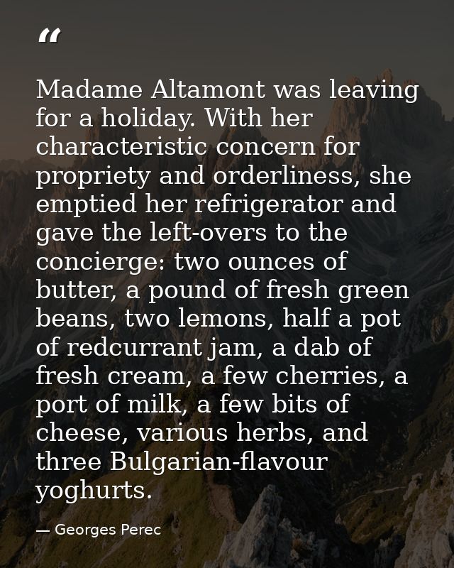 Madame Altamont was leaving for a holiday. With her characteristic concern for propriety and orderliness, she emptied he — Georges Perec