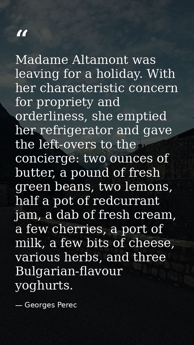 Madame Altamont was leaving for a holiday. With her characteristic concern for propriety and orderliness, she emptied he — Georges Perec