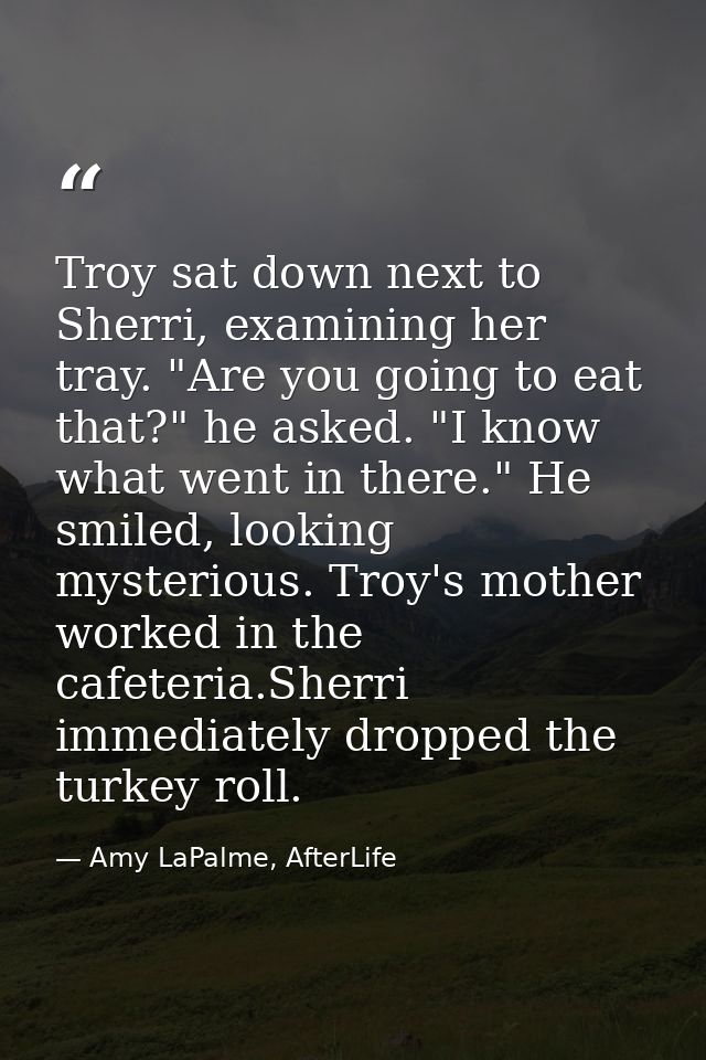Troy sat down next to Sherri, examining her tray. "Are you going to eat that?" he asked. "I know what went in there." He — Amy LaPalme, AfterLife