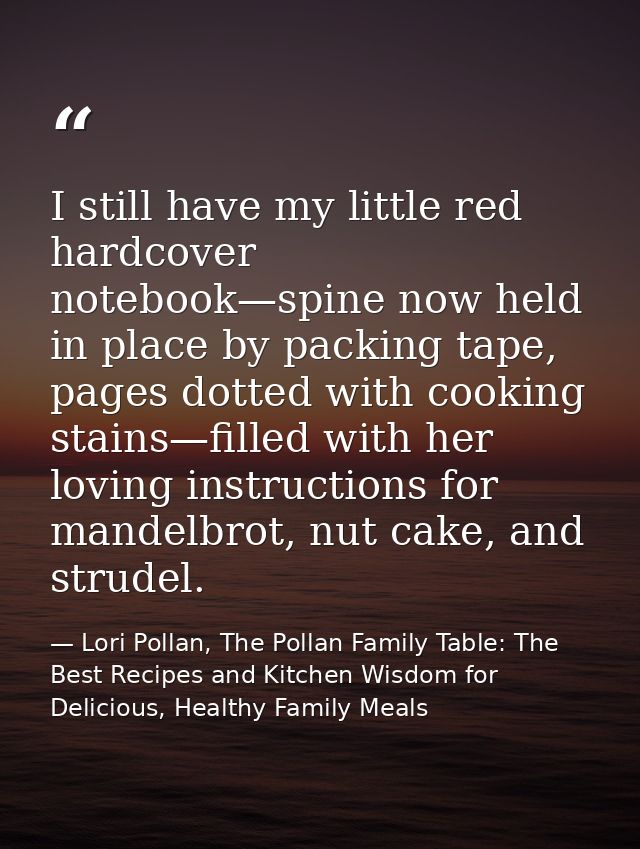 I still have my little red hardcover notebook—spine now held in place by packing tape, pages dotted with cooking stains— — Lori Pollan, The Pollan Family Table: The Best Recipes and Kitchen Wisdom for Delicious, Healthy Family Meals