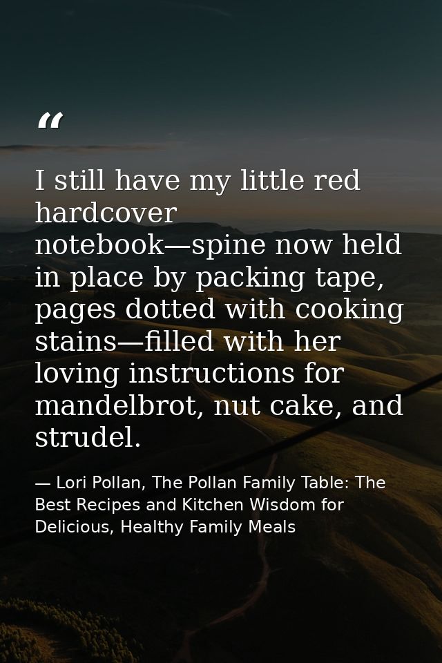 I still have my little red hardcover notebook—spine now held in place by packing tape, pages dotted with cooking stains— — Lori Pollan, The Pollan Family Table: The Best Recipes and Kitchen Wisdom for Delicious, Healthy Family Meals