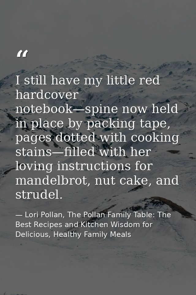 I still have my little red hardcover notebook—spine now held in place by packing tape, pages dotted with cooking stains— — Lori Pollan, The Pollan Family Table: The Best Recipes and Kitchen Wisdom for Delicious, Healthy Family Meals