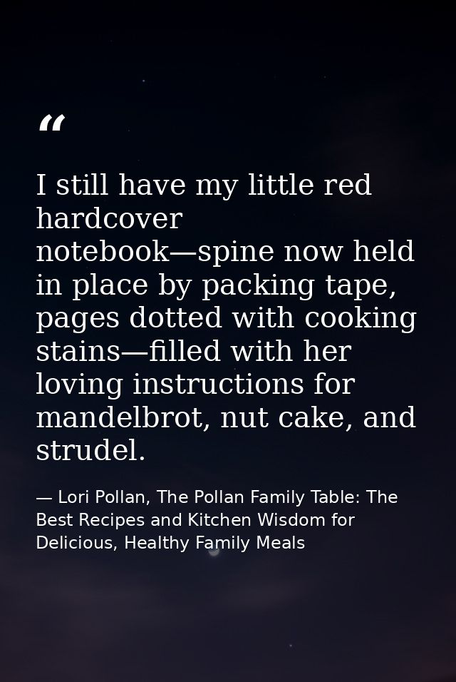 I still have my little red hardcover notebook—spine now held in place by packing tape, pages dotted with cooking stains— — Lori Pollan, The Pollan Family Table: The Best Recipes and Kitchen Wisdom for Delicious, Healthy Family Meals