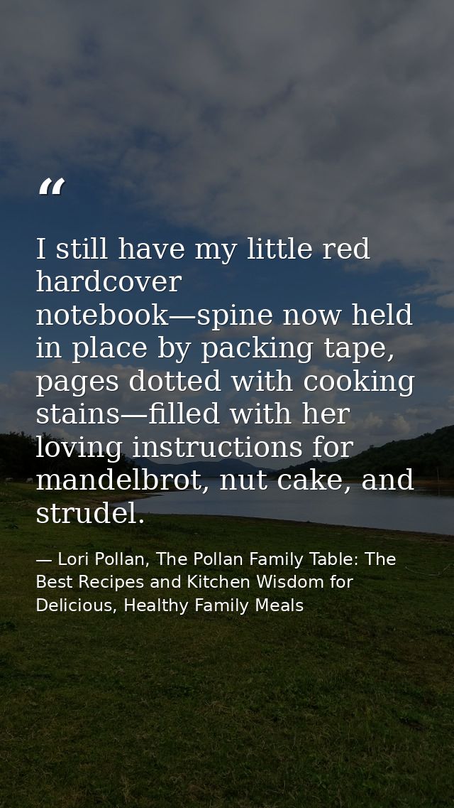 I still have my little red hardcover notebook—spine now held in place by packing tape, pages dotted with cooking stains— — Lori Pollan, The Pollan Family Table: The Best Recipes and Kitchen Wisdom for Delicious, Healthy Family Meals