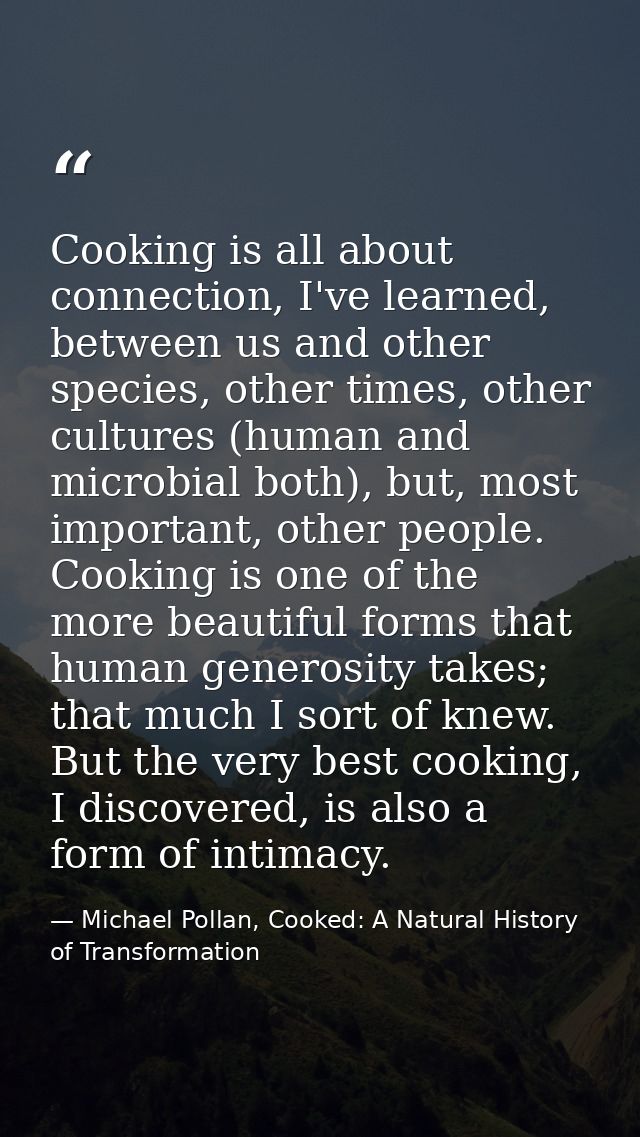 Cooking is all about connection, I've learned, between us and other species, other times, other cultures (human and micr — Michael Pollan, Cooked: A Natural History of Transformation