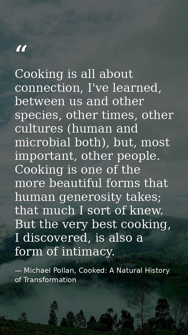 Cooking is all about connection, I've learned, between us and other species, other times, other cultures (human and micr — Michael Pollan, Cooked: A Natural History of Transformation