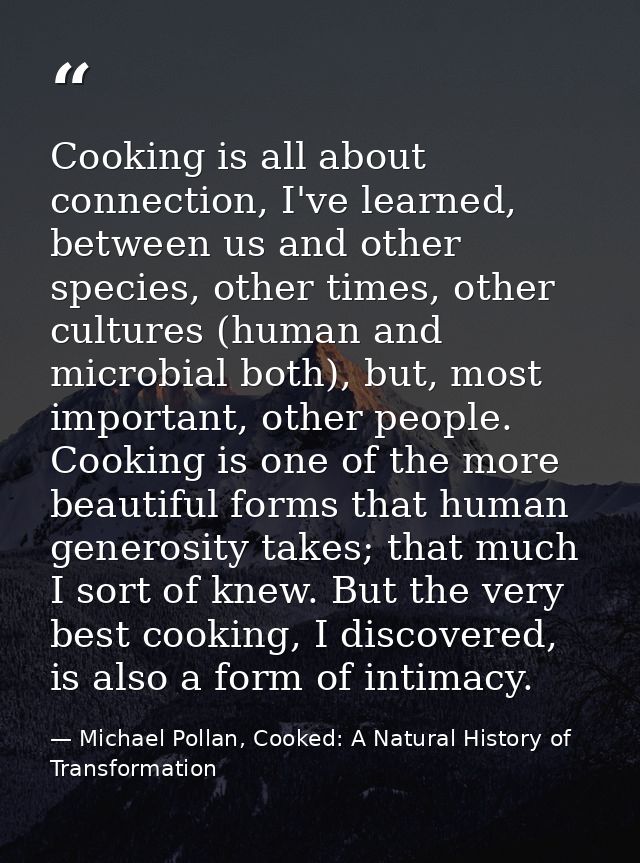 Cooking is all about connection, I've learned, between us and other species, other times, other cultures (human and micr — Michael Pollan, Cooked: A Natural History of Transformation