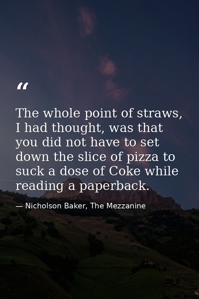 The whole point of straws, I had thought, was that you did not have to set down the slice of pizza to suck a dose of Cok — Nicholson Baker, The Mezzanine
