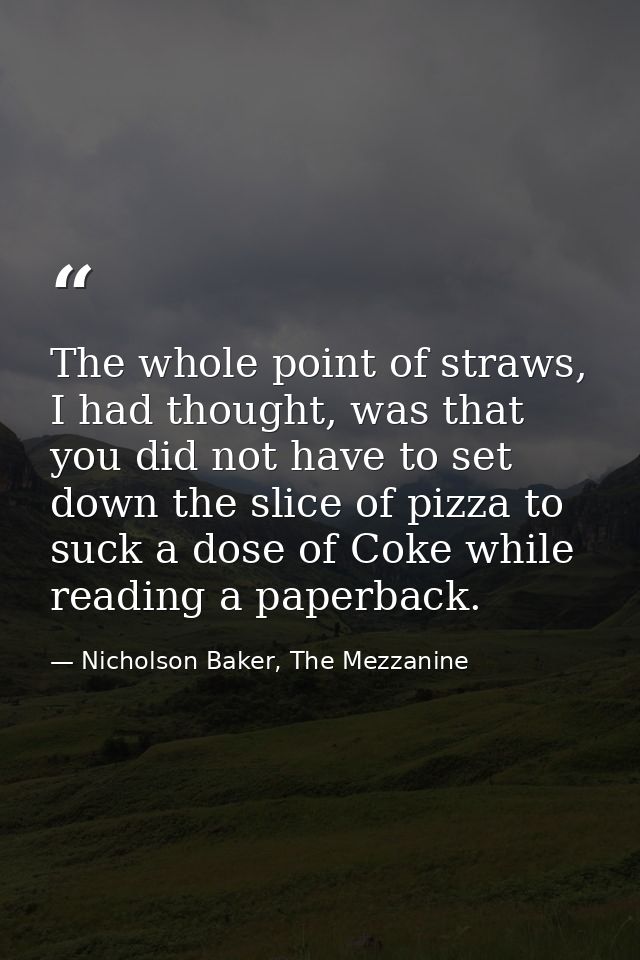 The whole point of straws, I had thought, was that you did not have to set down the slice of pizza to suck a dose of Cok — Nicholson Baker, The Mezzanine