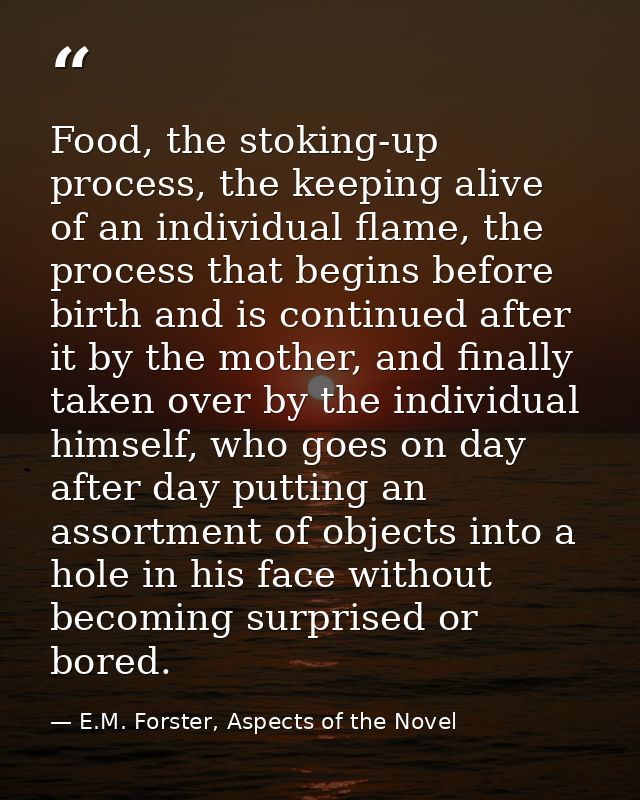 Food, the stoking-up process, the keeping alive of an individual flame, the process that begins before birth and is cont — E.M. Forster, Aspects of the Novel