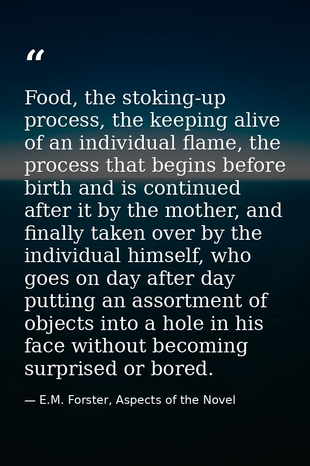 Food, the stoking-up process, the keeping alive of an individual flame, the process that begins before birth and is cont — E.M. Forster, Aspects of the Novel