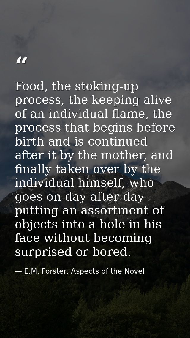 Food, the stoking-up process, the keeping alive of an individual flame, the process that begins before birth and is cont — E.M. Forster, Aspects of the Novel