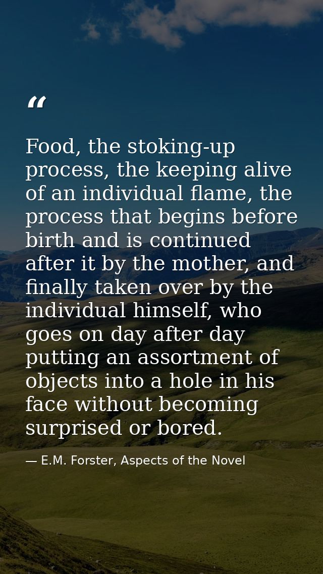 Food, the stoking-up process, the keeping alive of an individual flame, the process that begins before birth and is cont — E.M. Forster, Aspects of the Novel