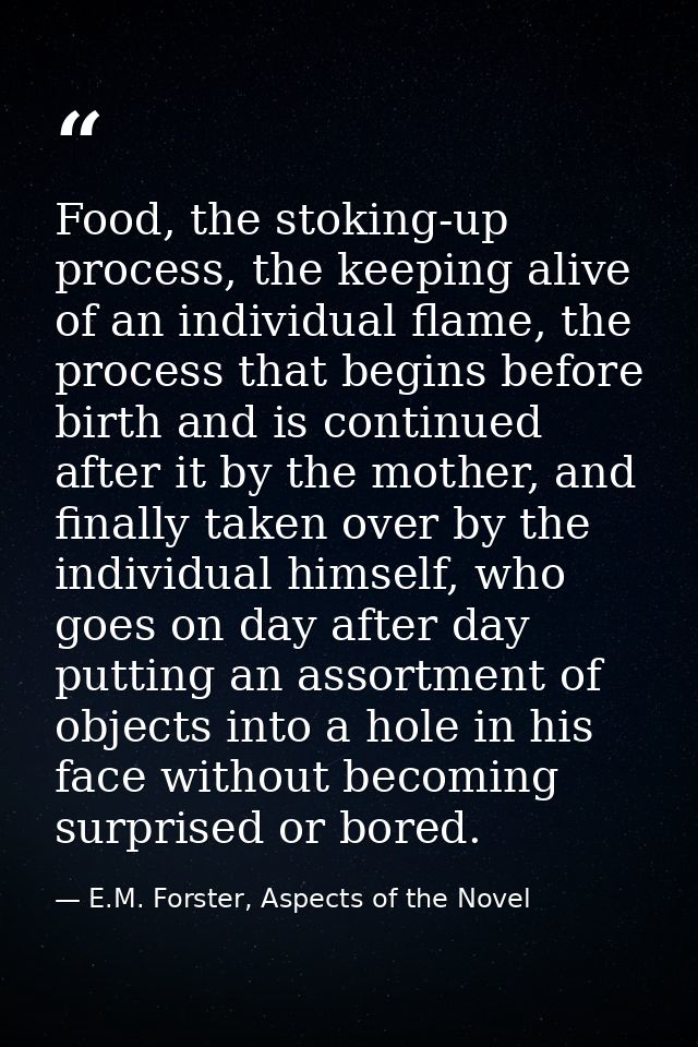 Food, the stoking-up process, the keeping alive of an individual flame, the process that begins before birth and is cont — E.M. Forster, Aspects of the Novel