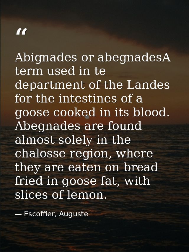 Abignades or abegnadesA term used in te department of the Landes for the intestines of a goose cooked in its blood. Abeg — Escoffier, Auguste