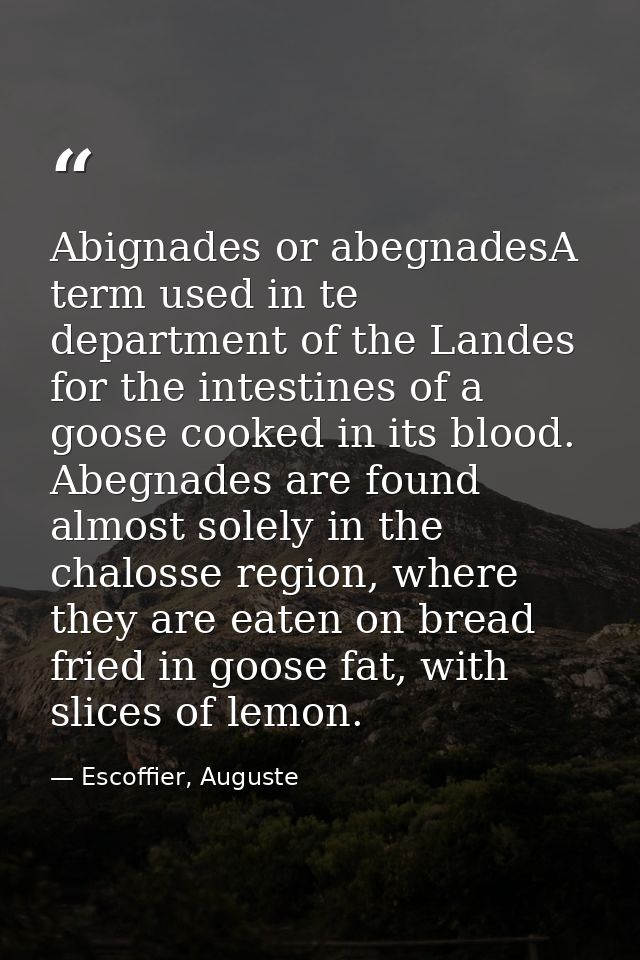 Abignades or abegnadesA term used in te department of the Landes for the intestines of a goose cooked in its blood. Abeg — Escoffier, Auguste