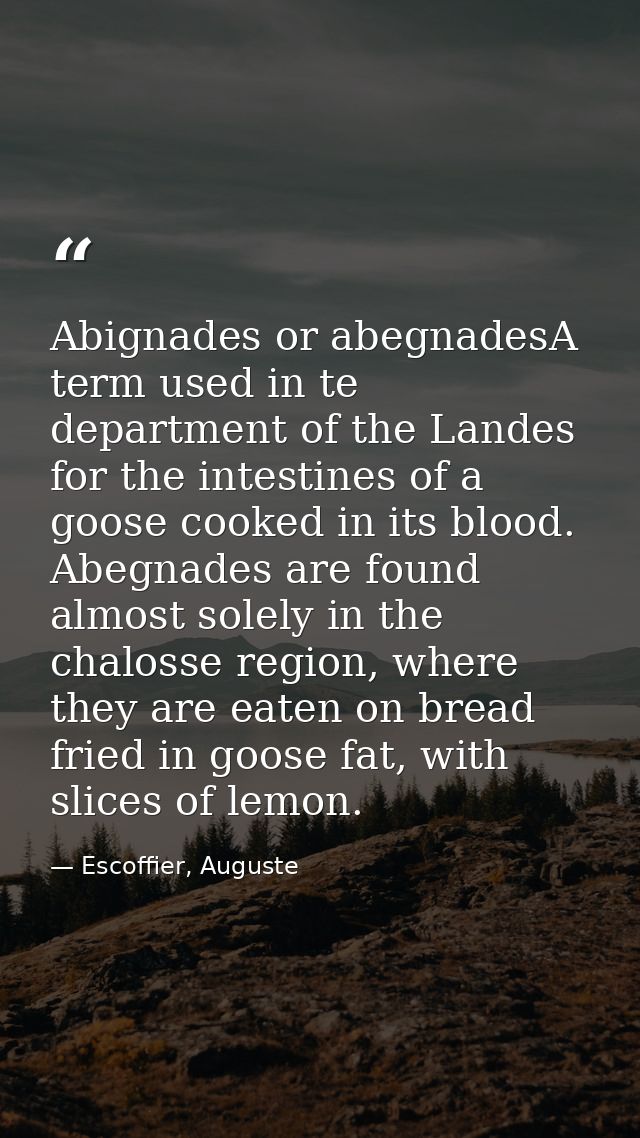 Abignades or abegnadesA term used in te department of the Landes for the intestines of a goose cooked in its blood. Abeg — Escoffier, Auguste