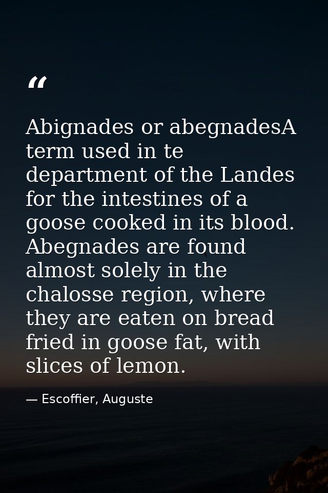 Abignades or abegnadesA term used in te department of the Landes for the intestines of a goose cooked in its blood. Abeg — Escoffier, Auguste