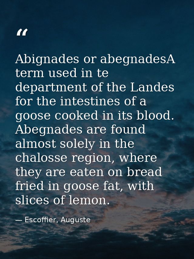 Abignades or abegnadesA term used in te department of the Landes for the intestines of a goose cooked in its blood. Abeg — Escoffier, Auguste
