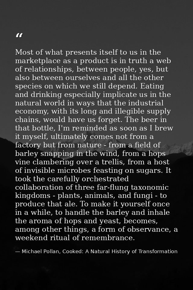 Most of what presents itself to us in the marketplace as a product is in truth a web of relationships, between people, y — Michael Pollan, Cooked: A Natural History of Transformation