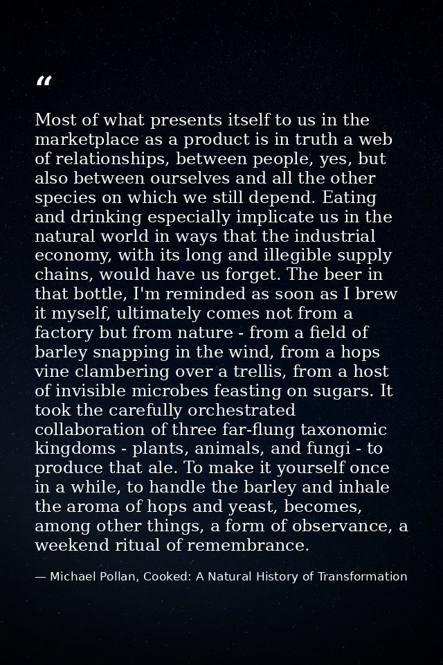 Most of what presents itself to us in the marketplace as a product is in truth a web of relationships, between people, y — Michael Pollan, Cooked: A Natural History of Transformation