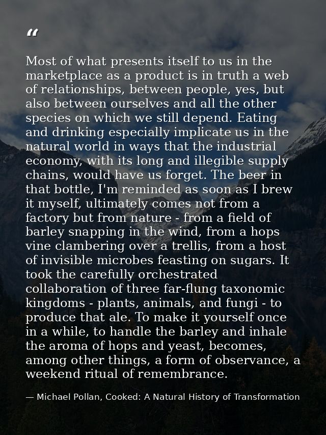Most of what presents itself to us in the marketplace as a product is in truth a web of relationships, between people, y — Michael Pollan, Cooked: A Natural History of Transformation