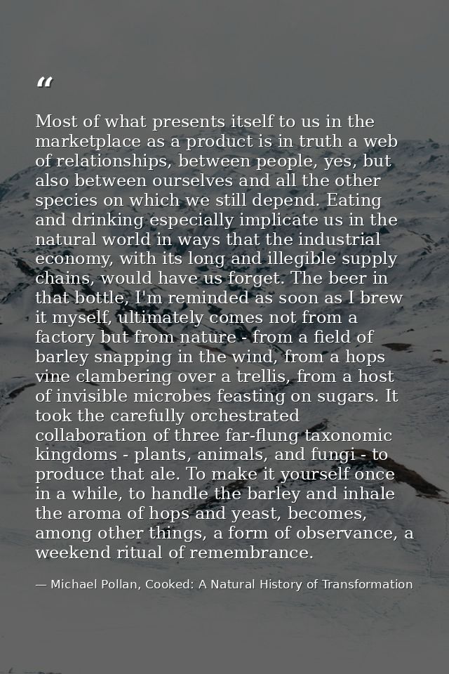 Most of what presents itself to us in the marketplace as a product is in truth a web of relationships, between people, y — Michael Pollan, Cooked: A Natural History of Transformation