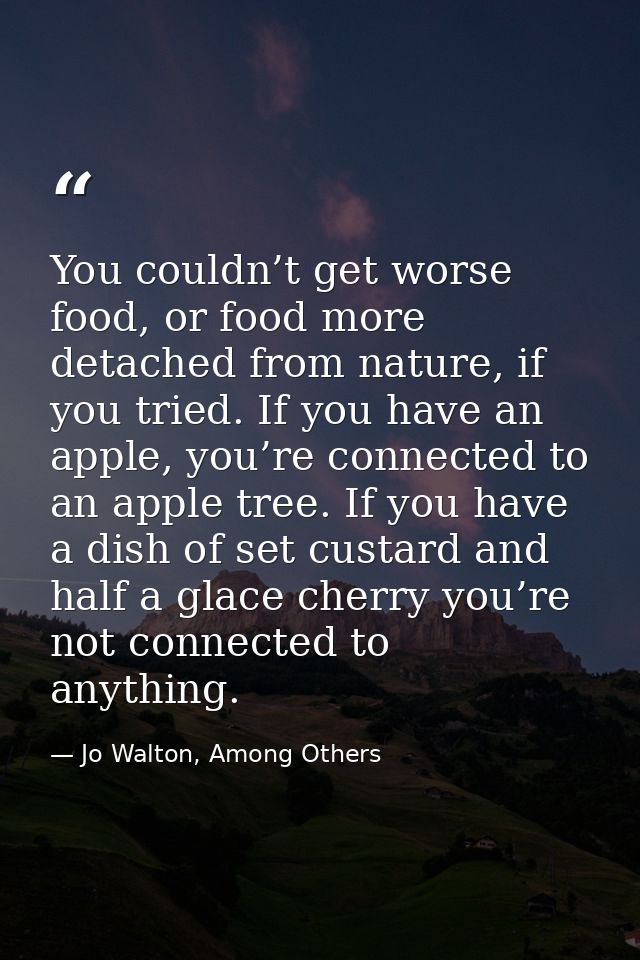You couldn’t get worse food, or food more detached from nature, if you tried. If you have an apple, you’re connected to  — Jo Walton, Among Others