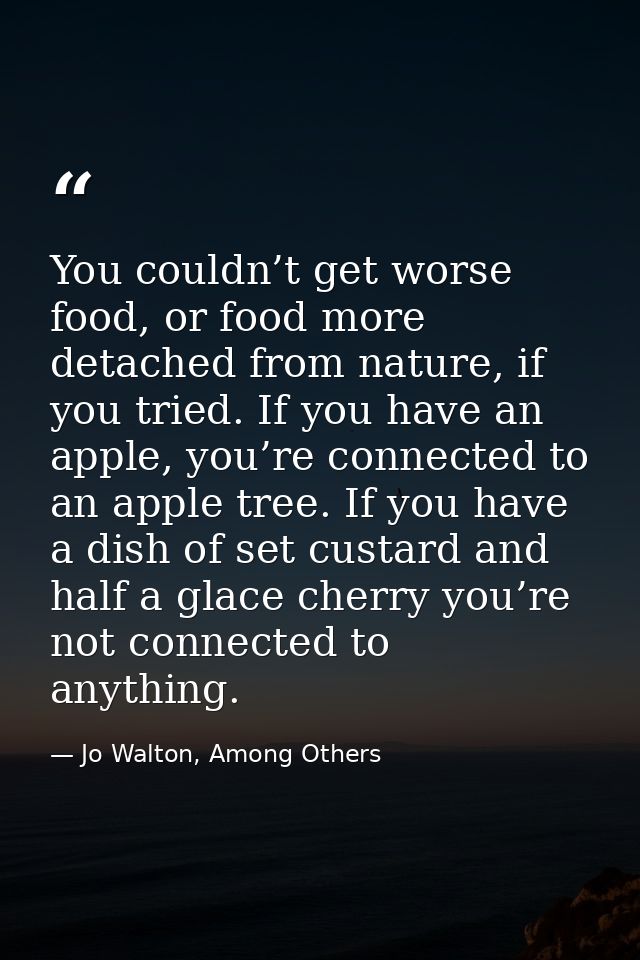 You couldn’t get worse food, or food more detached from nature, if you tried. If you have an apple, you’re connected to  — Jo Walton, Among Others
