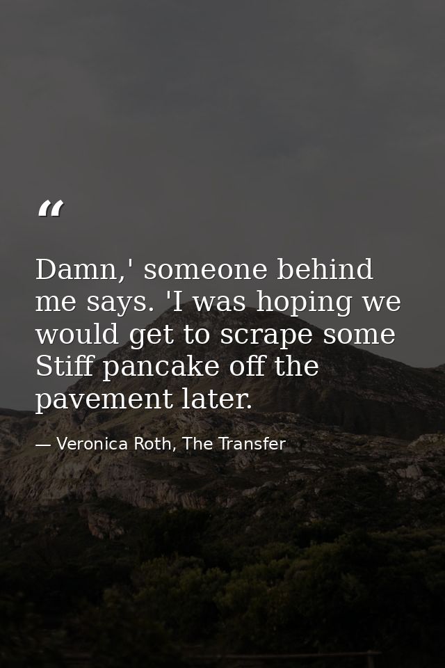 Damn,' someone behind me says. 'I was hoping we would get to scrape some Stiff pancake off the pavement later. — Veronica Roth, The Transfer
