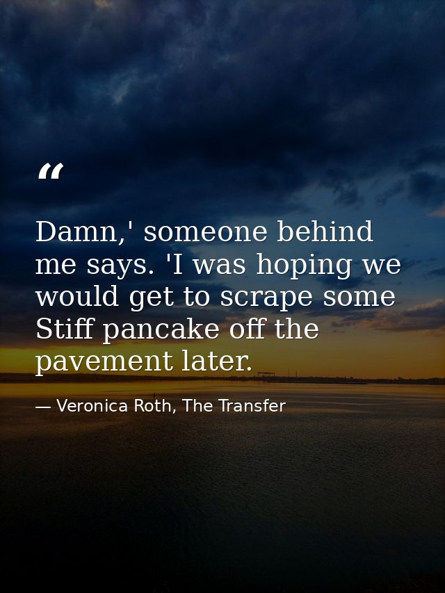Damn,' someone behind me says. 'I was hoping we would get to scrape some Stiff pancake off the pavement later. — Veronica Roth, The Transfer