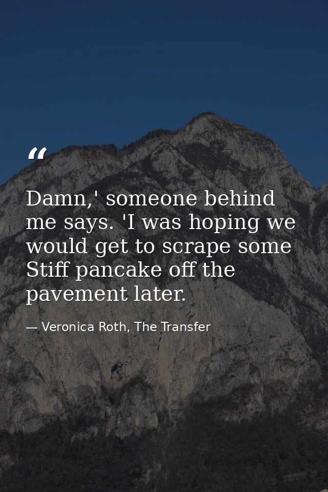 Damn,' someone behind me says. 'I was hoping we would get to scrape some Stiff pancake off the pavement later. — Veronica Roth, The Transfer