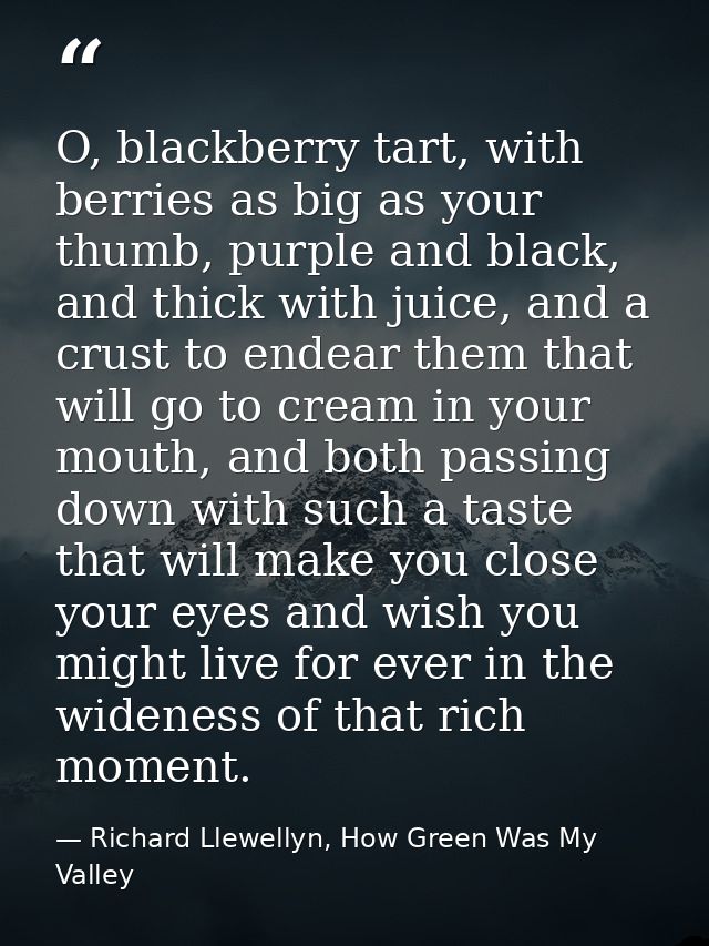 O, blackberry tart, with berries as big as your thumb, purple and black, and thick with juice, and a crust to endear the — Richard Llewellyn, How Green Was My Valley