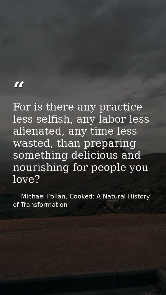 For is there any practice less selfish, any labor less alienated, any time less wasted, than preparing something delicio — Michael Pollan, Cooked: A Natural History of Transformation