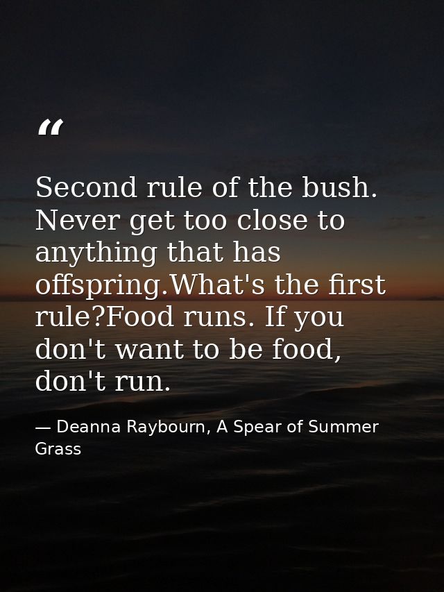 Second rule of the bush. Never get too close to anything that has offspring.What's the first rule?Food runs. If you don' — Deanna Raybourn, A Spear of Summer Grass