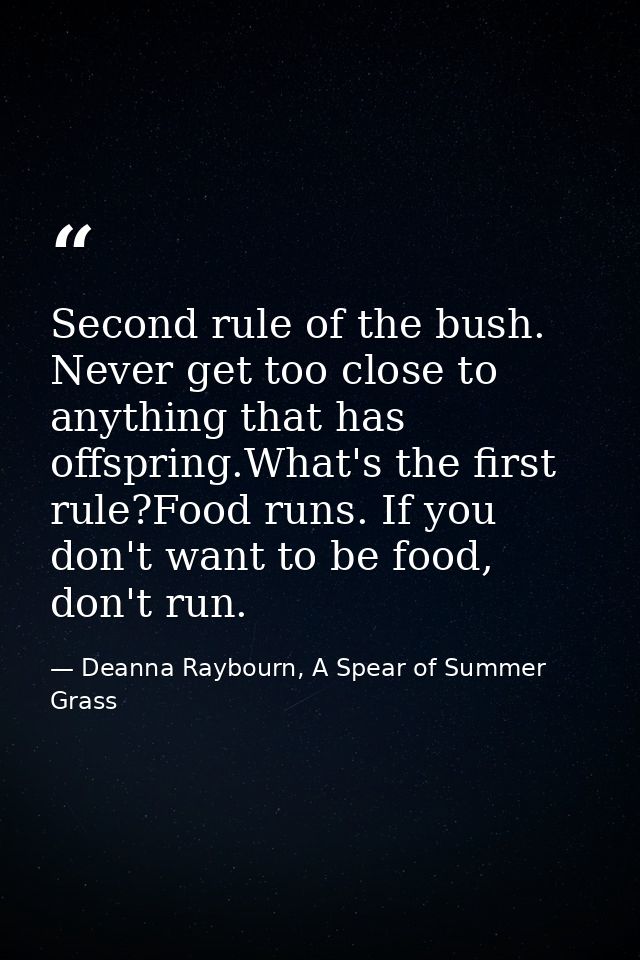 Second rule of the bush. Never get too close to anything that has offspring.What's the first rule?Food runs. If you don' — Deanna Raybourn, A Spear of Summer Grass