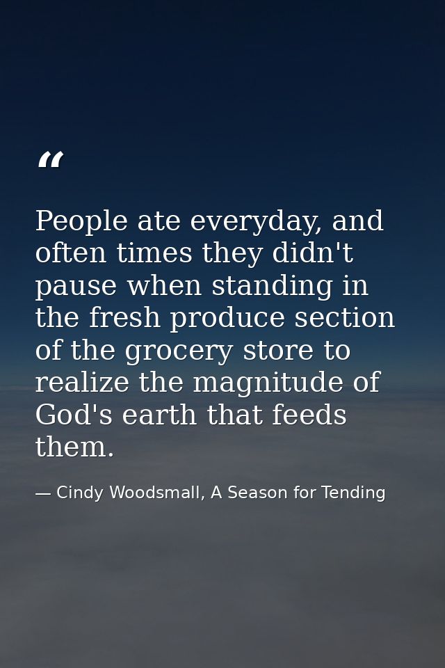 People ate everyday, and often times they didn't pause when standing in the fresh produce section of the grocery store t — Cindy Woodsmall, A Season for Tending