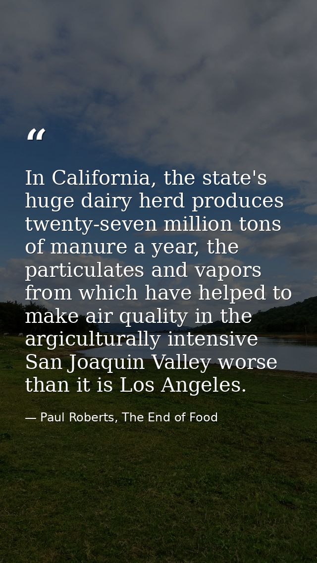 In California, the state's huge dairy herd produces twenty-seven million tons of manure a year, the particulates and vap — Paul Roberts, The End of Food