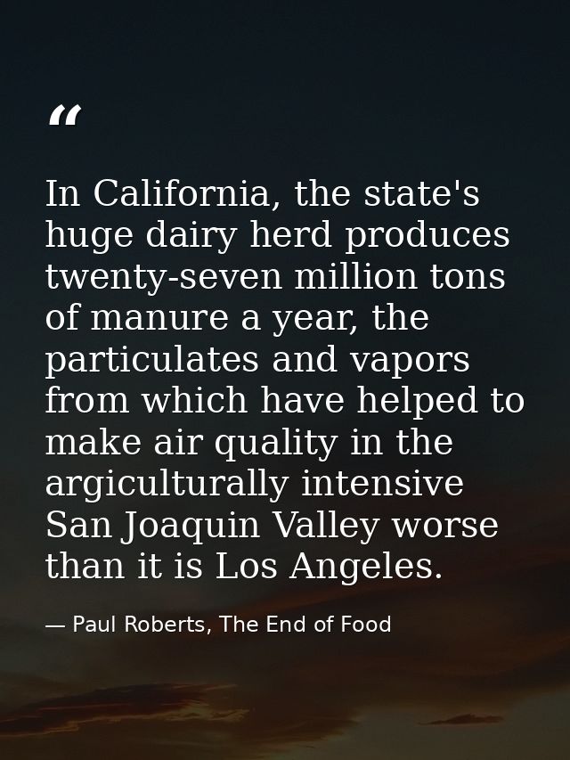 In California, the state's huge dairy herd produces twenty-seven million tons of manure a year, the particulates and vap — Paul Roberts, The End of Food