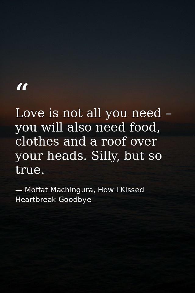 Love is not all you need – you will also need food, clothes and a roof over your heads. Silly, but so true. — Moffat Machingura, How I Kissed Heartbreak Goodbye