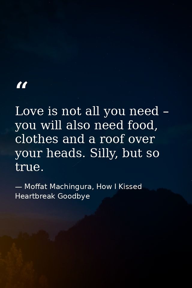 Love is not all you need – you will also need food, clothes and a roof over your heads. Silly, but so true. — Moffat Machingura, How I Kissed Heartbreak Goodbye
